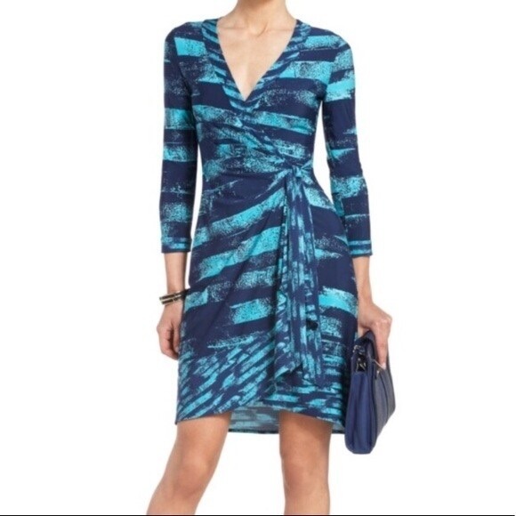 BCBGMaxAzria Dresses & Skirts - BCBGMAXAZRIA Blue Teal Stripe Print Wrap Dress Midi Long Sleeve